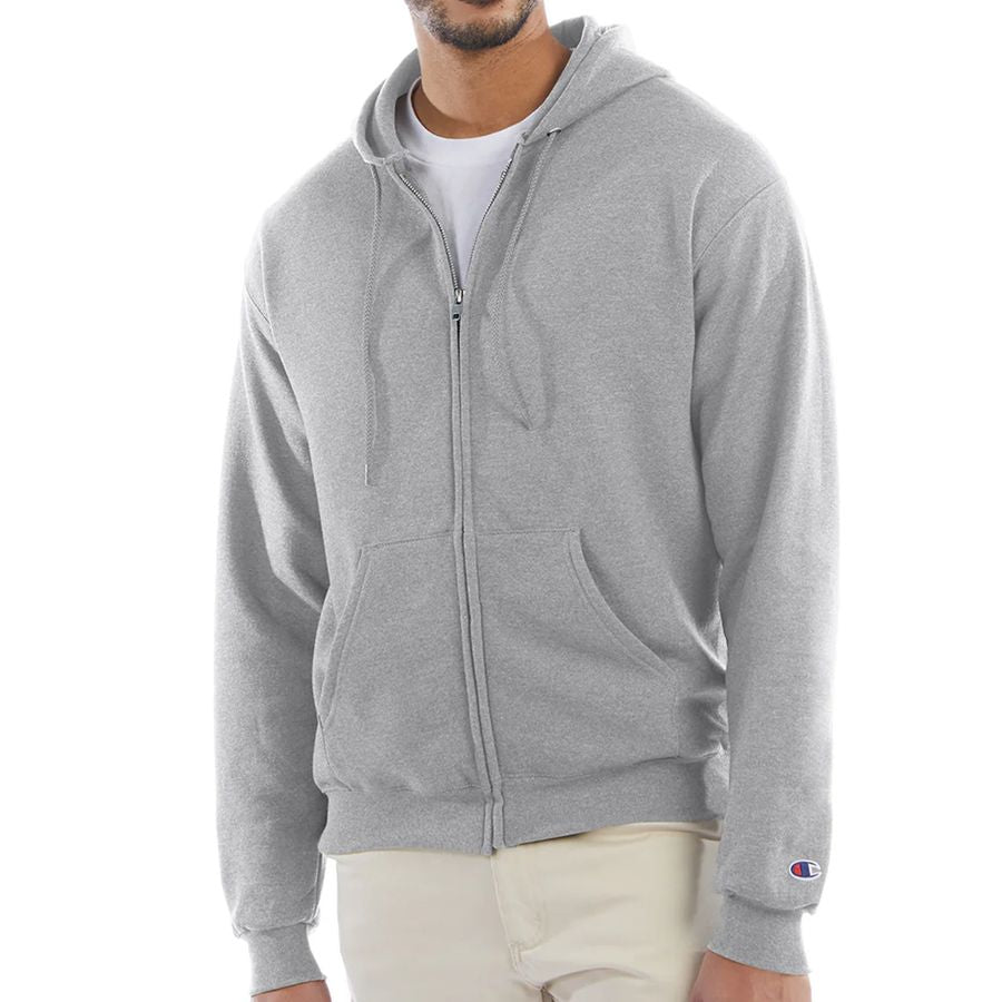 Person wearing a gray hoodie with a brand logo on a white background