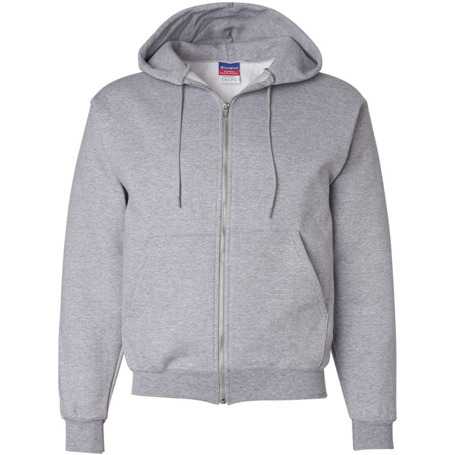 Gray hoodie with a brand label on a white background
