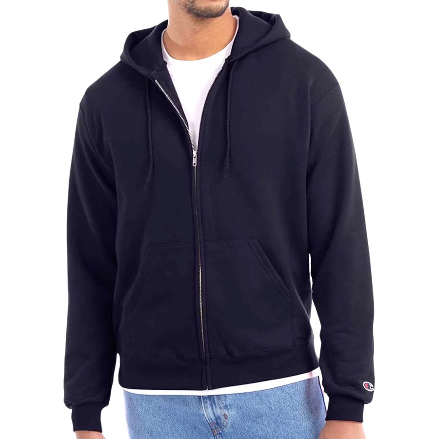 Person wearing a navy blue hoodie with a white shirt underneath on a white background