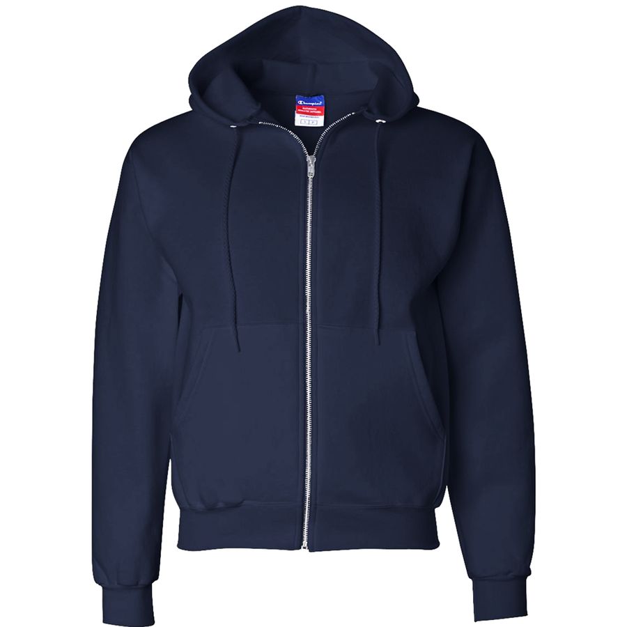 Navy blue hoodie with a brand label on a white background