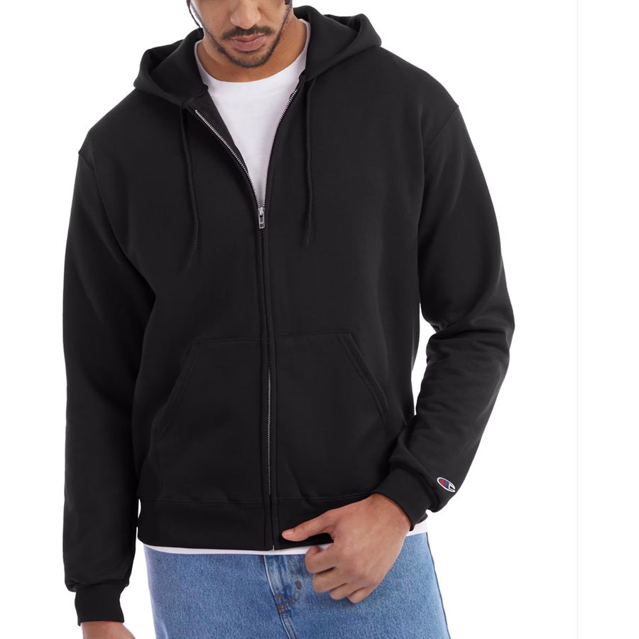 Person wearing a black hoodie with a brand logo on a white background