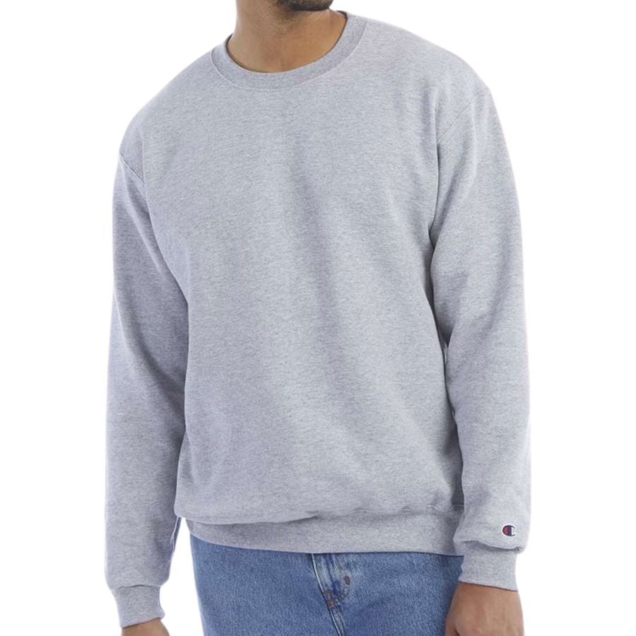Person wearing a gray sweatshirt with a brand logo on a white background