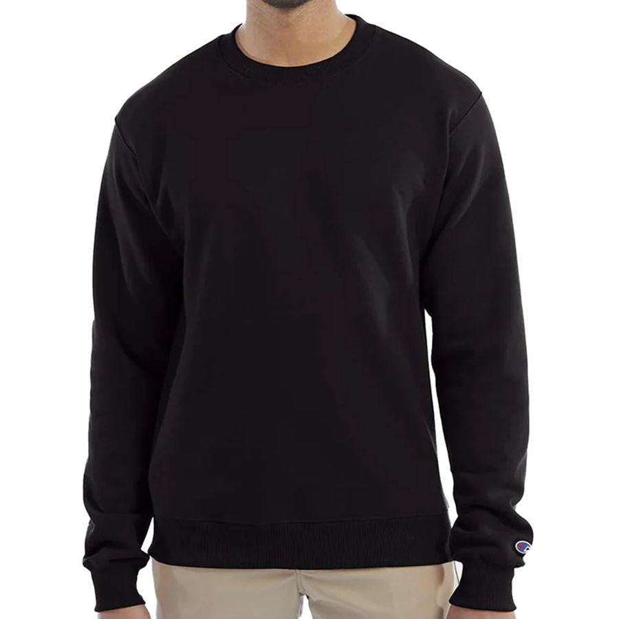 Black sweatshirt worn by a person on a white background