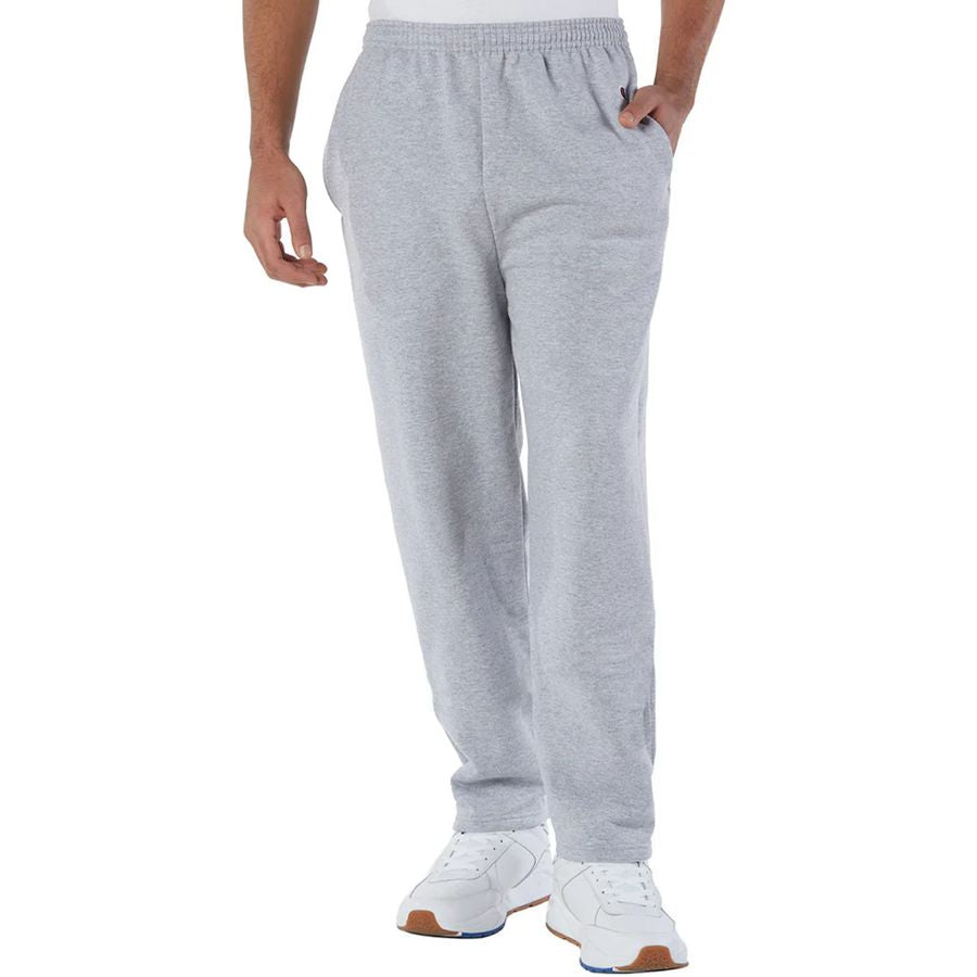 Gray sweatpants worn by a person on a white background