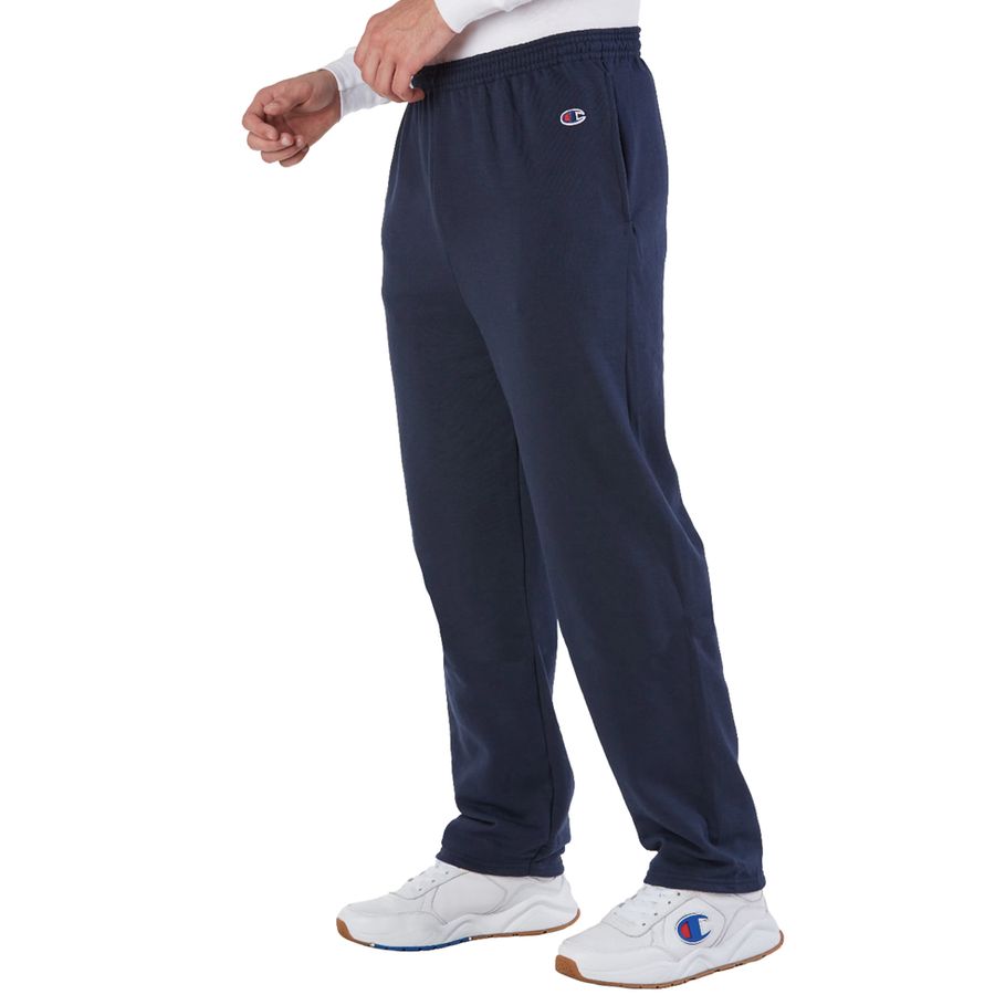 Navy sweatpants with a brand logo on a white background