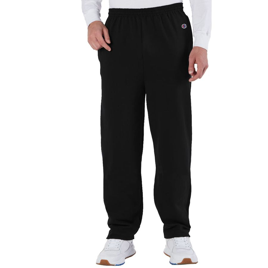 Black sweatpants worn by a person on a white background