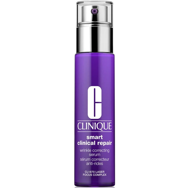 Purple Clinique serum bottle on a white background