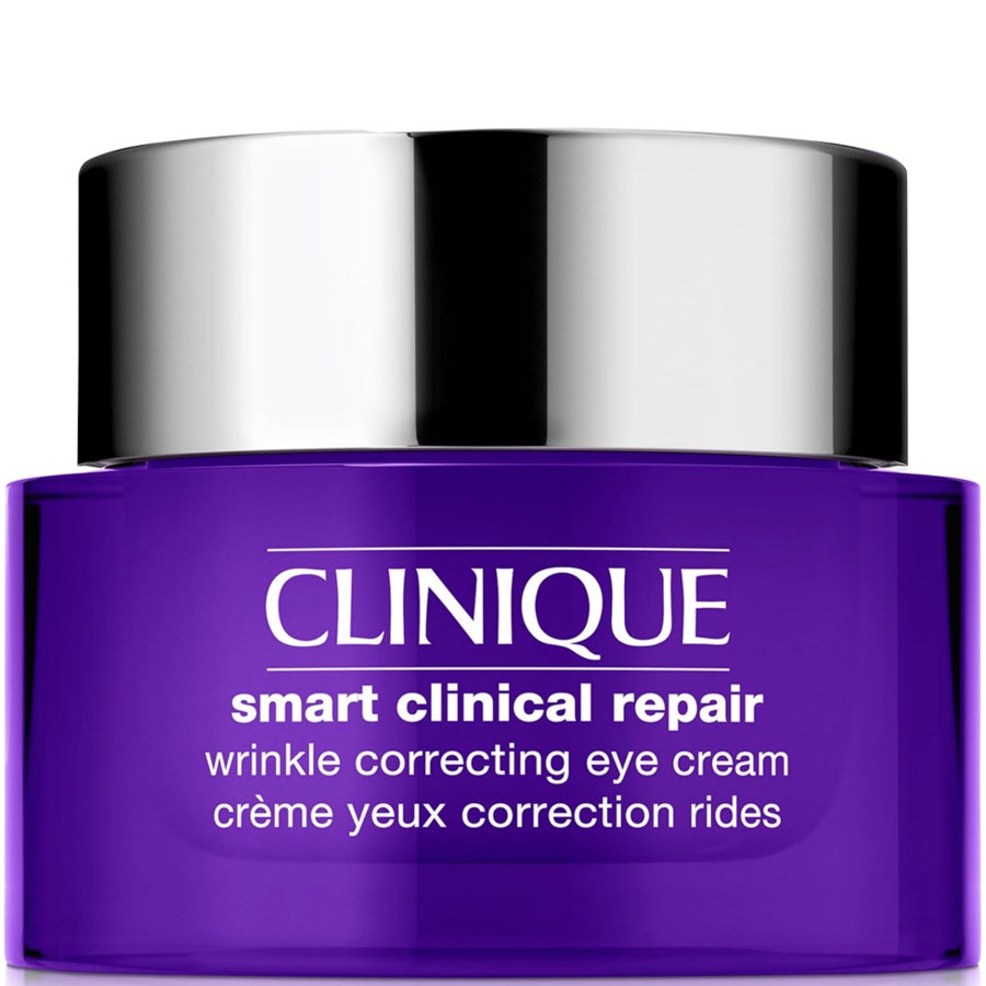 Clinique smart clinical repair eye cream jar with purple body and silver lid on a white background