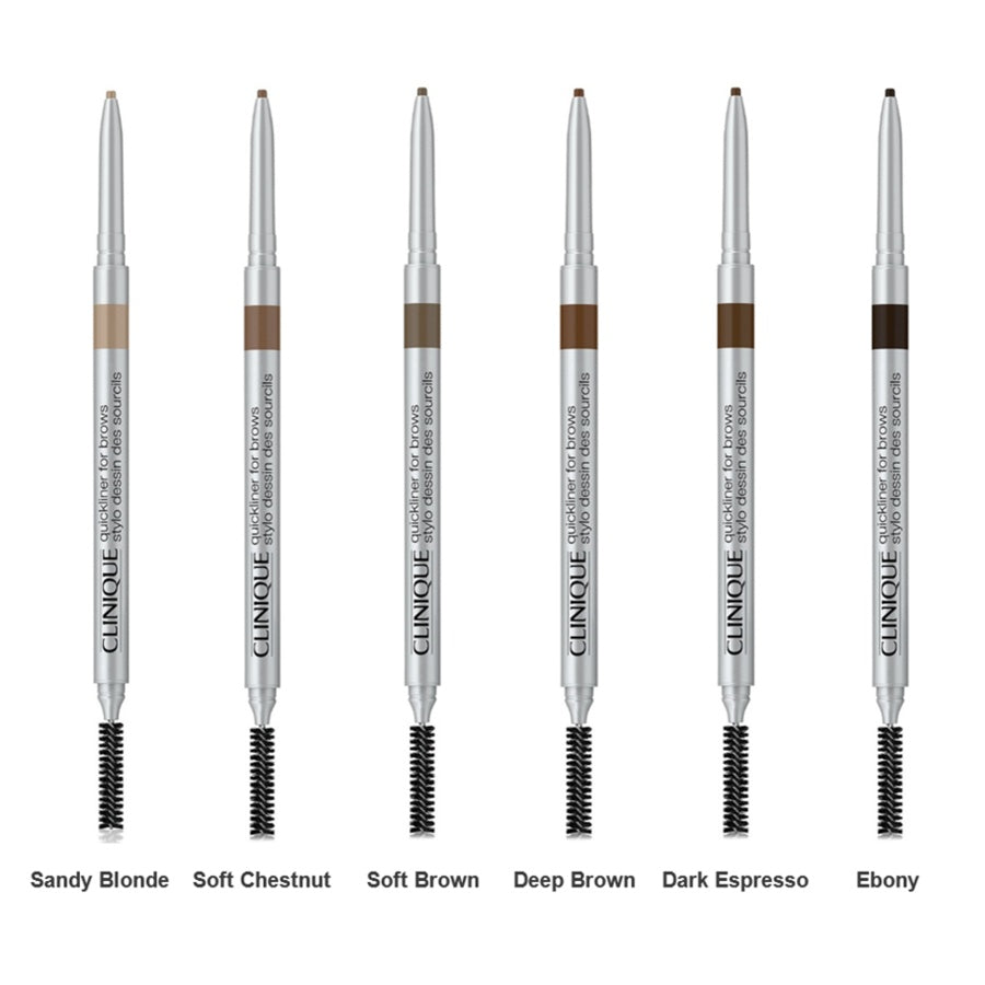 Set of Clinique eyebrow pencils in various colors on a white background