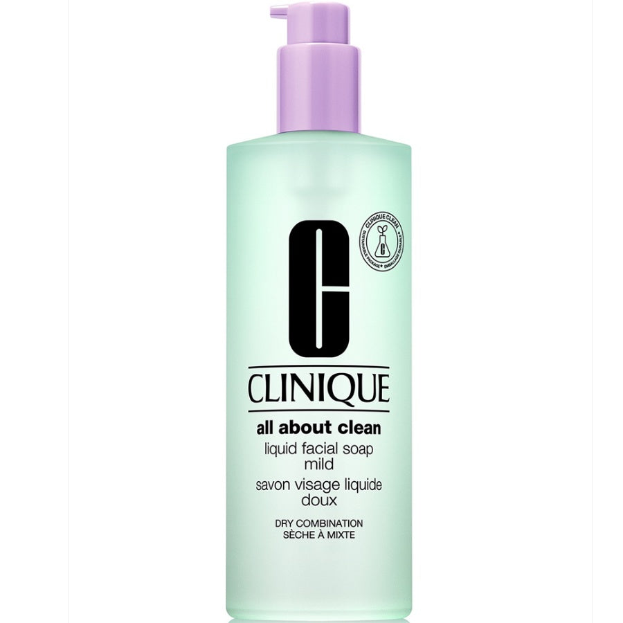 Clinique liquid facial soap bottle with pump on a white background