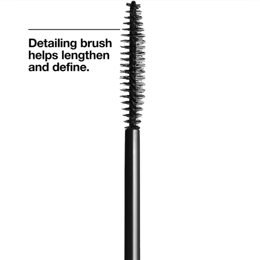 Black mascara brush with text on a white background
