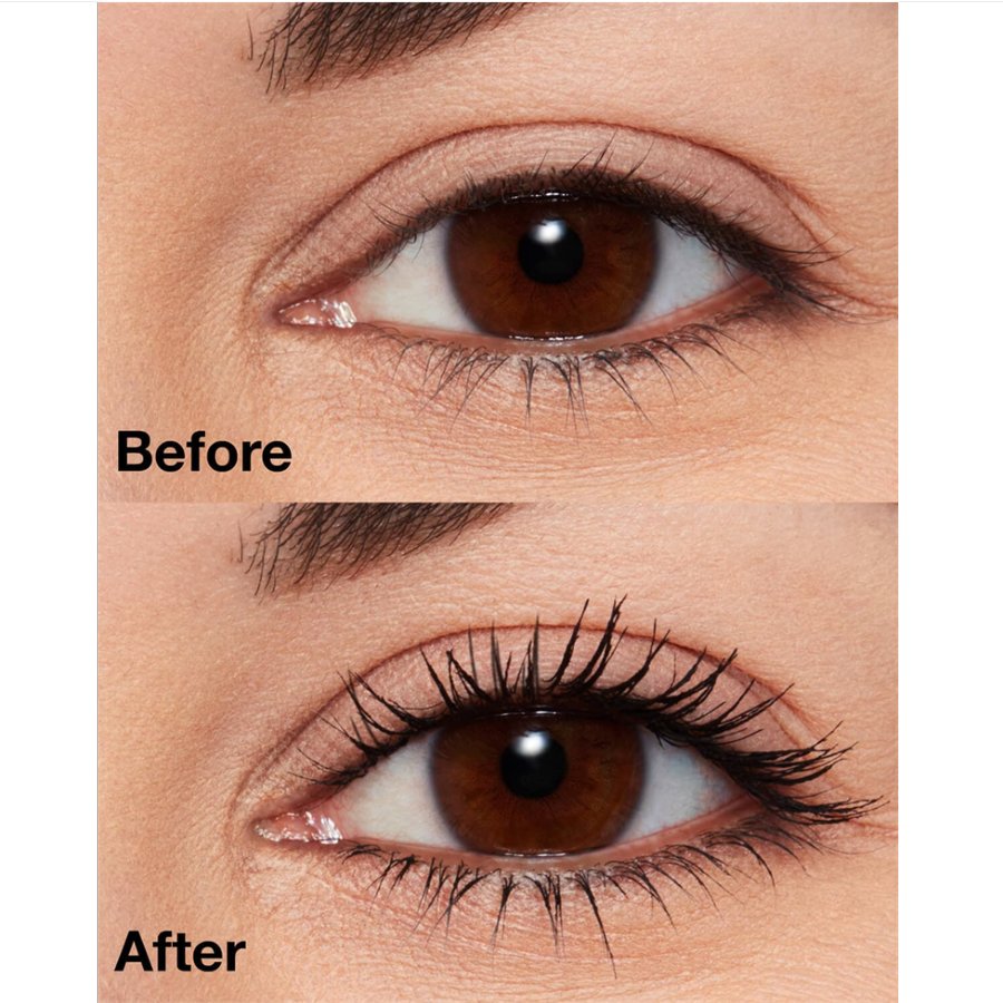 Before and after comparison of an eye with eyelash extensions.