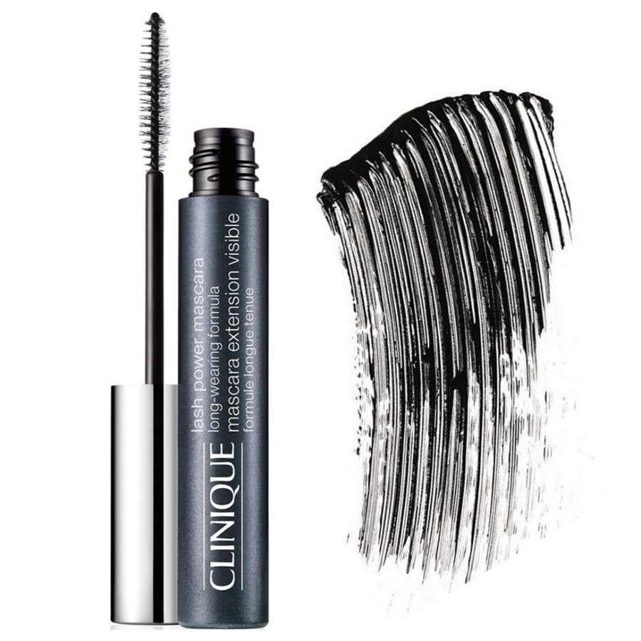 Clinique mascara with brush and application example on a white background