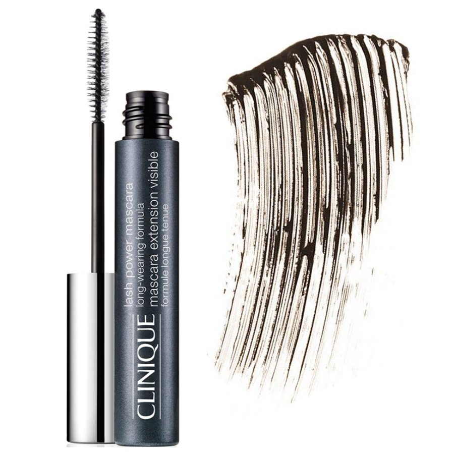 Clinique mascara with brush and application example on white background