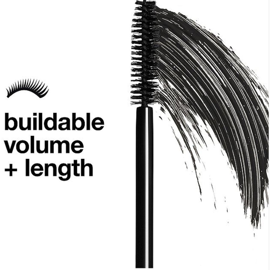 Mascara wand with black bristles and text 'buildable volume + length' on a white background