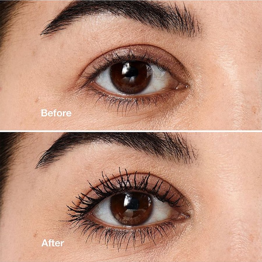 Before and after comparison of an eye with eyelash extensions.