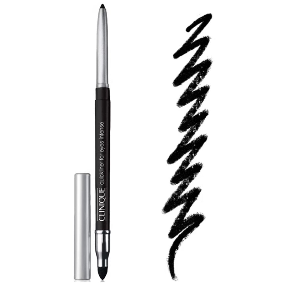 Eyeliner pencil with a swatch of black ink on a white background