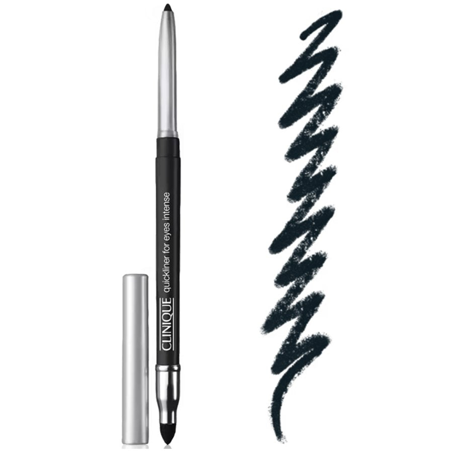 Clinique eyeliner pencil with a sample of black eyeliner on a white background