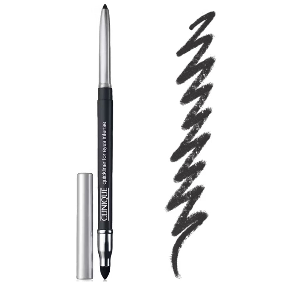 Eyeliner pencil with silver cap and black ink strokes on a white background