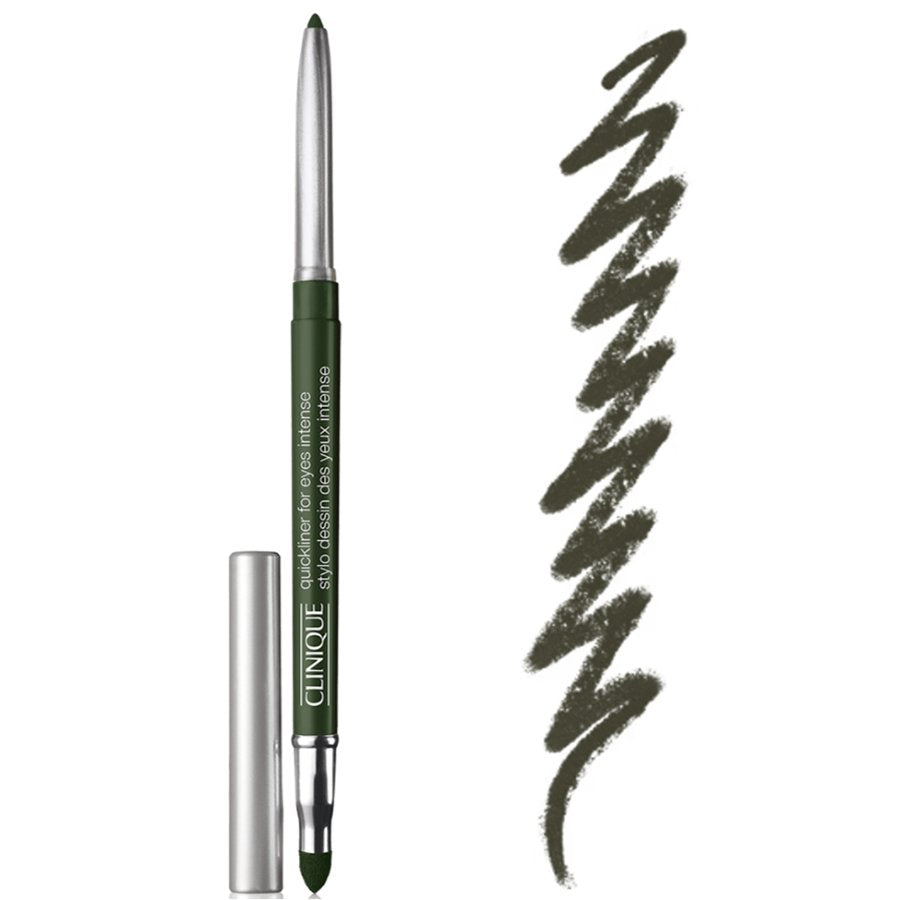Green eyeliner pencil with a sample line on a white background