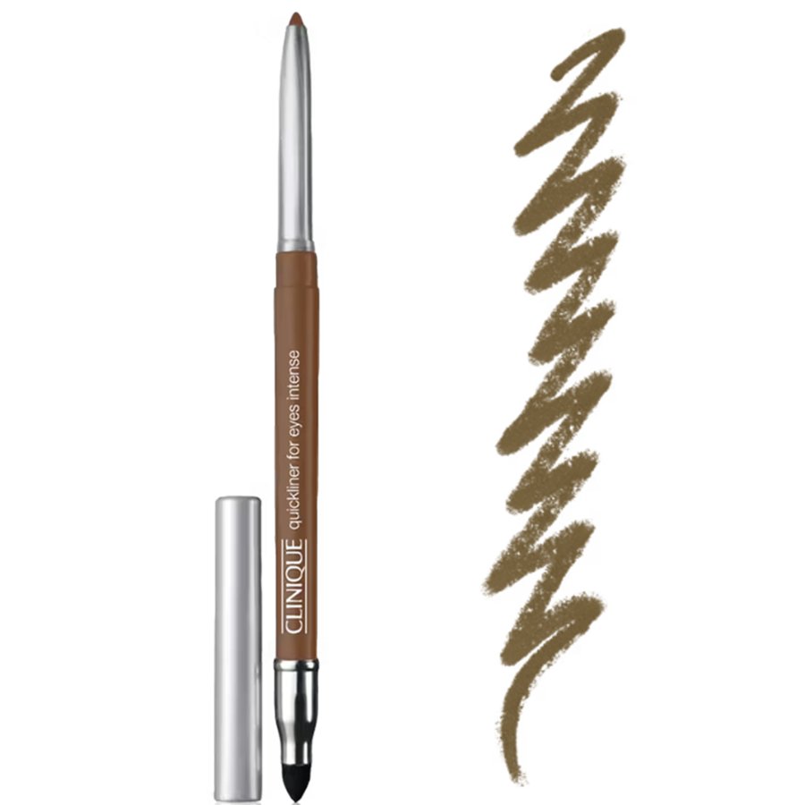 Clinique eyeliner pencil with applicator and sample on a white background