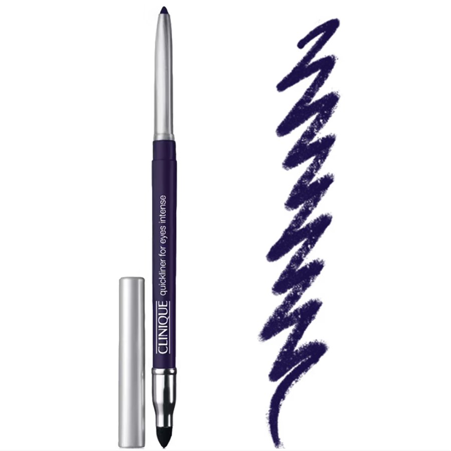 Clinique eyeliner pencil with a swatch of blue color on a white background