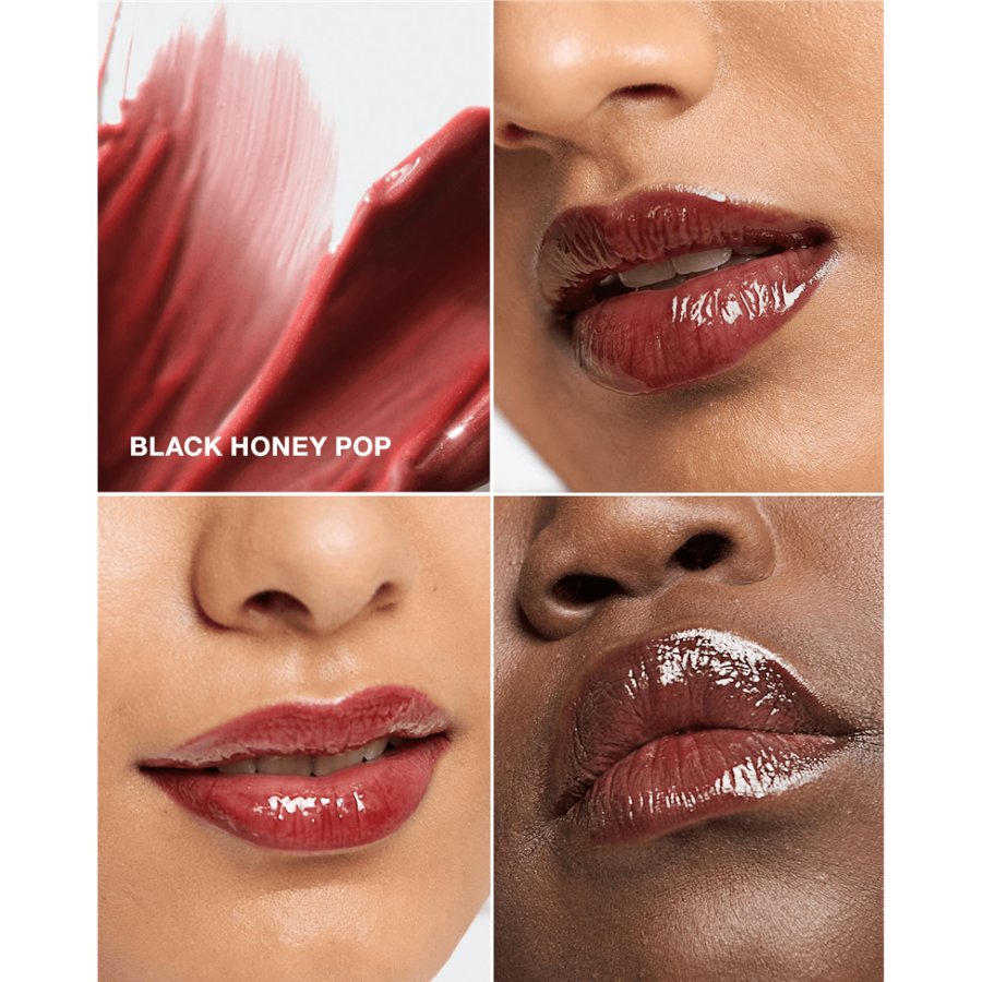 Lip gloss shade 'Black Honey Pop' applied to lips on different skin tones.