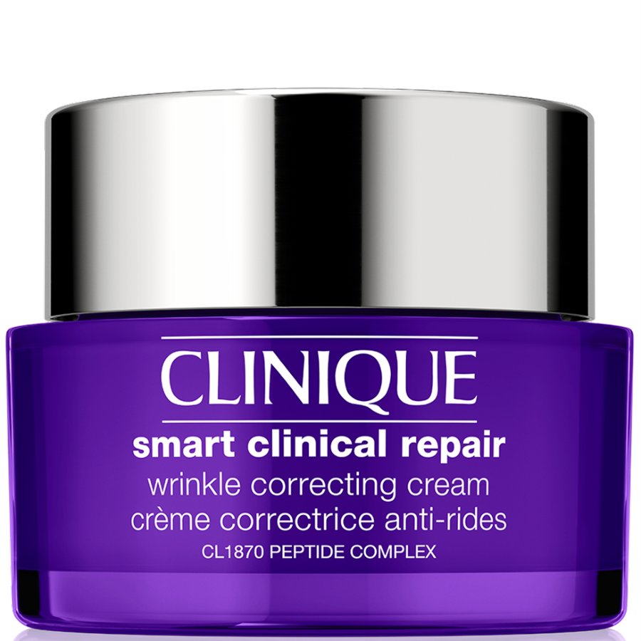 Clinique smart clinical repair wrinkle correcting cream jar with purple body and silver lid on a white background