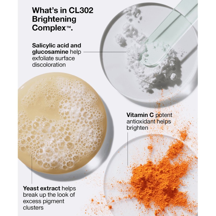Advertisement for CL302 Brightening Complex with ingredients displayed in glass bowls.