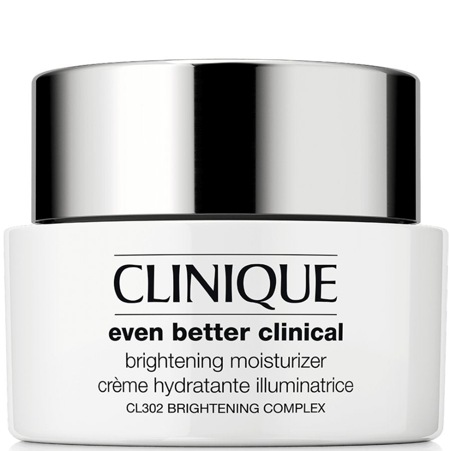 Clinique moisturizer jar with silver lid on a white background