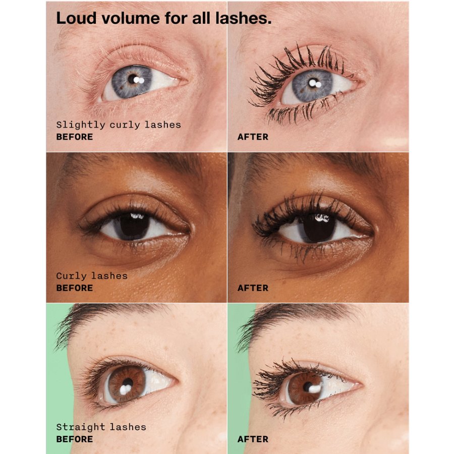 Before and after comparison of eyelashes with text indicating volume increase.