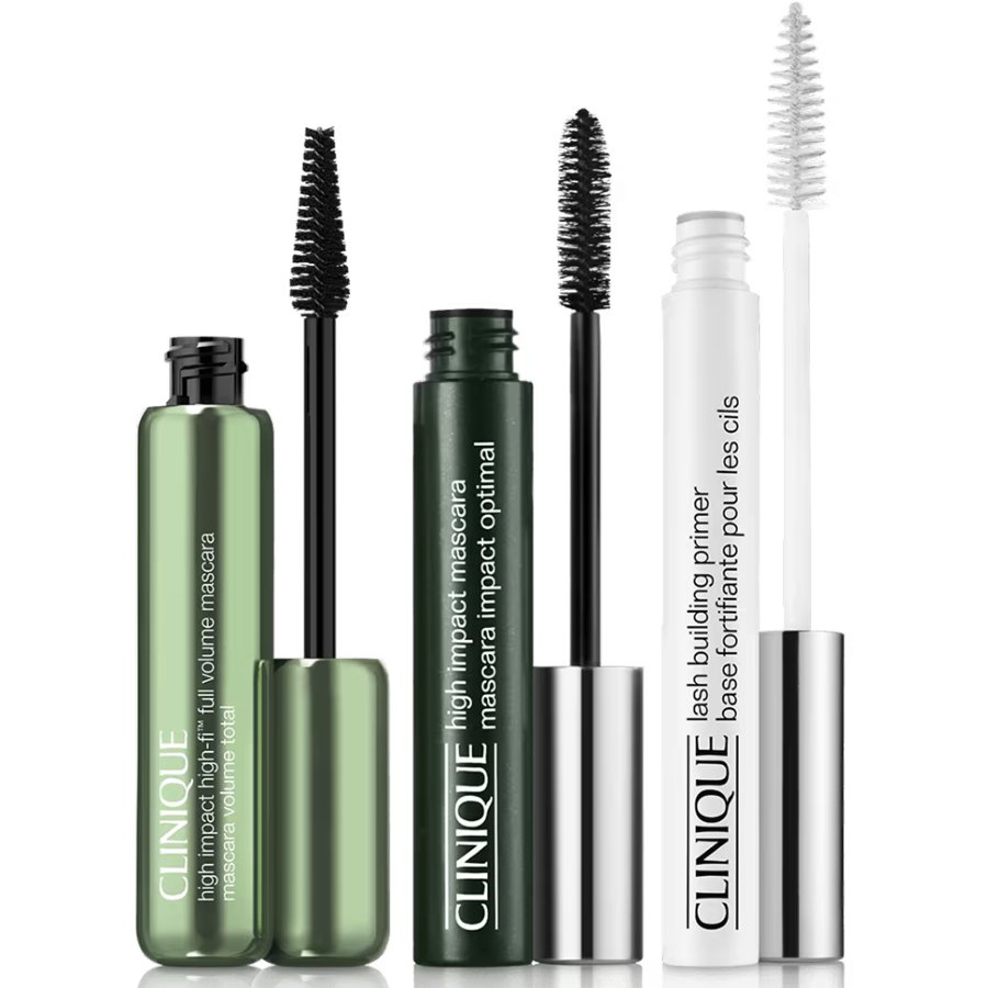 Set of Clinique mascara and primer bottles on a white background