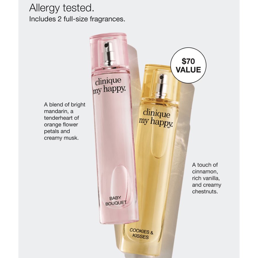 Two Clinique fragrances, 'My Happy' in Baby Bouquet and 'Cookies & Kisses', on a white background.