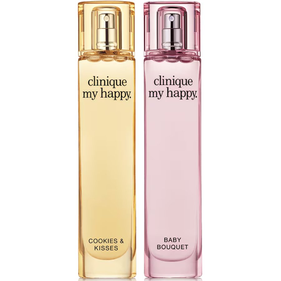 Two Clinique perfume bottles, one yellow and one pink, on a white background.