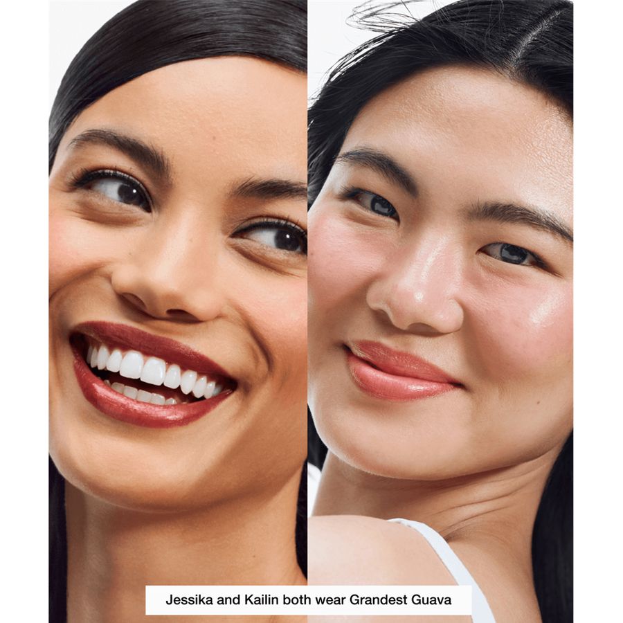 Two women with close-up smiles wearing lipstick, labeled 'Jessika and Kailin both wear Grandest Guava'.