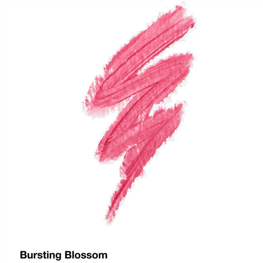 Close up of lipstick swatch labeled 'Bursting Blossom' on a white background