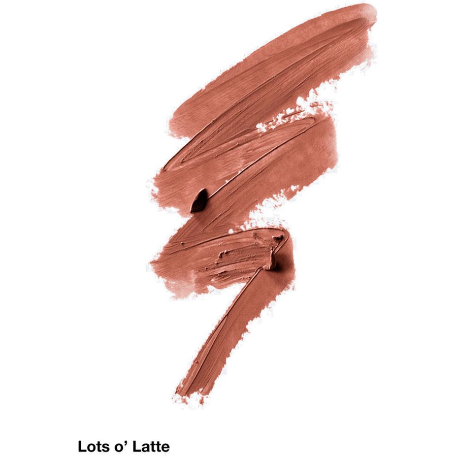 Close up of lipstick swatch labeled 'Lots o' Latte' on a white background