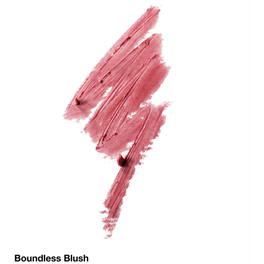 Close up of lipstick swatch labeled 'Boundless Blush' on a white background