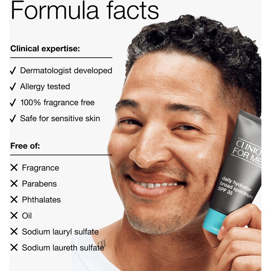 Man holding a skincare product with 'Clinique for Men' branding, featuring formula facts on a white background.