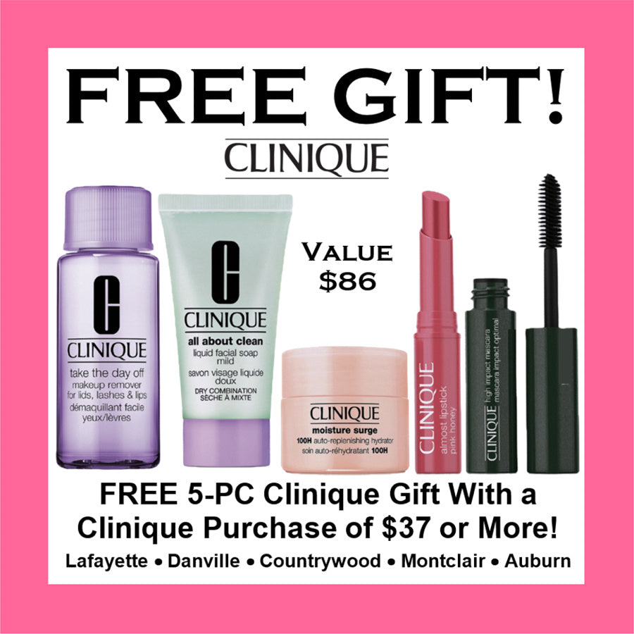 Clinique free gift advertisement featuring a 5-PC beauty set valued at $86, including a purple bottle, white tube, pink lip balm, black eye shadow stick, and black mascara, set against a pink background with white text.