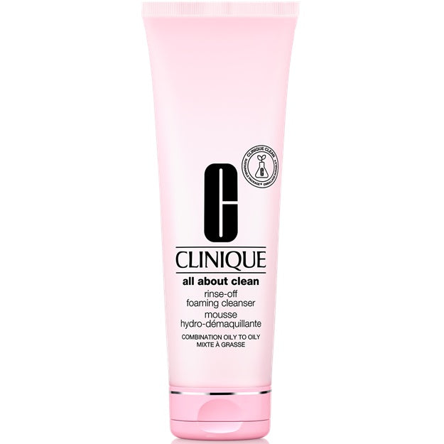 Pink tube of Clinique foaming cleanser on a white background