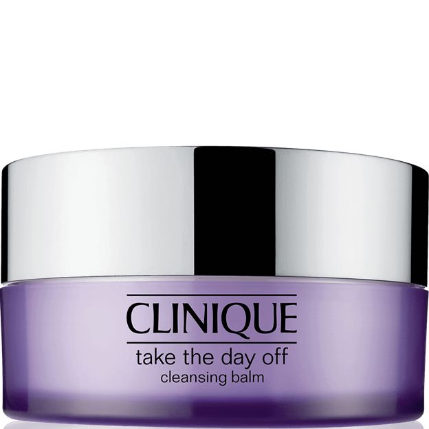 Clinique cleansing balm jar with silver lid on a white background