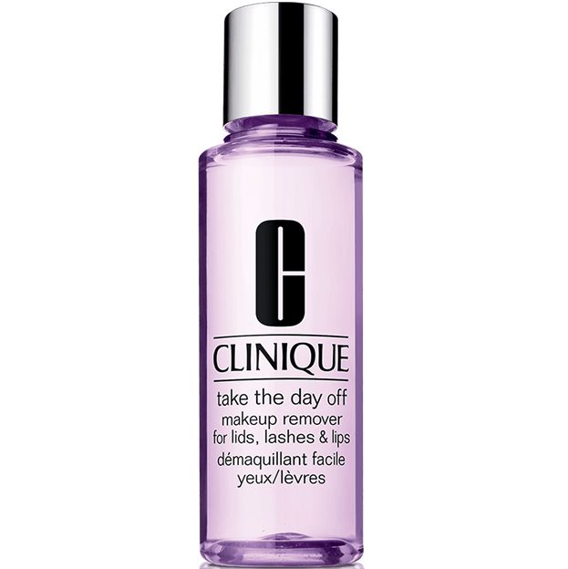 Clinique makeup remover bottle on a white background