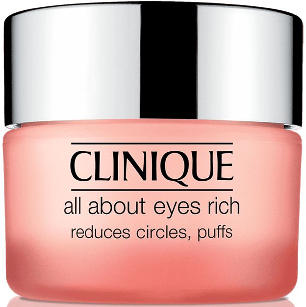 Clinique eye cream jar with pink body and silver lid on a white background