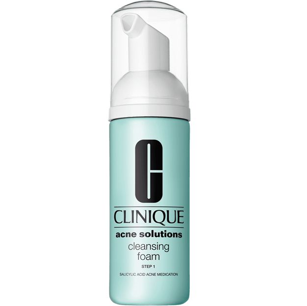 Clinique acne solutions cleansing foam bottle on a white background