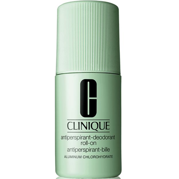 Clinique antiperspirant-deodorant roll-on bottle on a white background