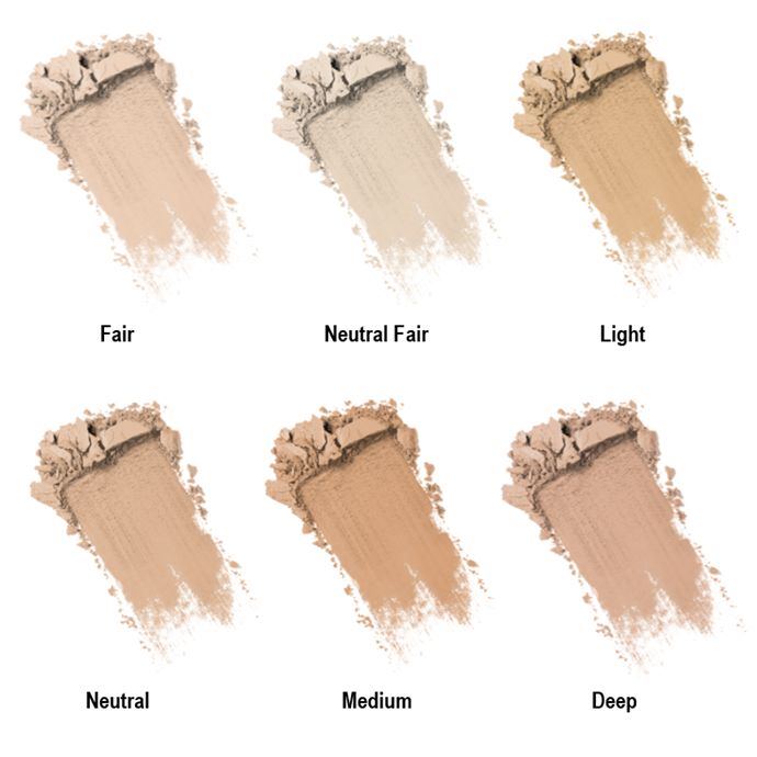 Swatches of different beige makeup shades labeled 'Fair', 'Neutral Fair', 'Light', 'Neutral', 'Medium', and 'Deep' on a white background.