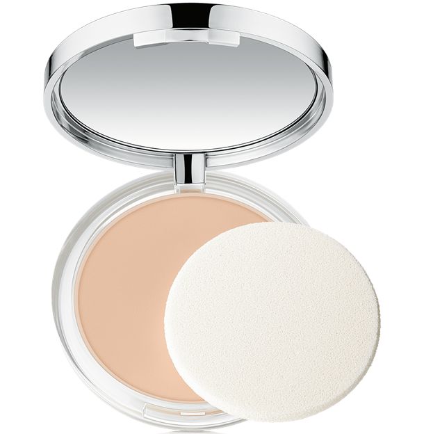 Compact powder with mirror and white puff on a white background