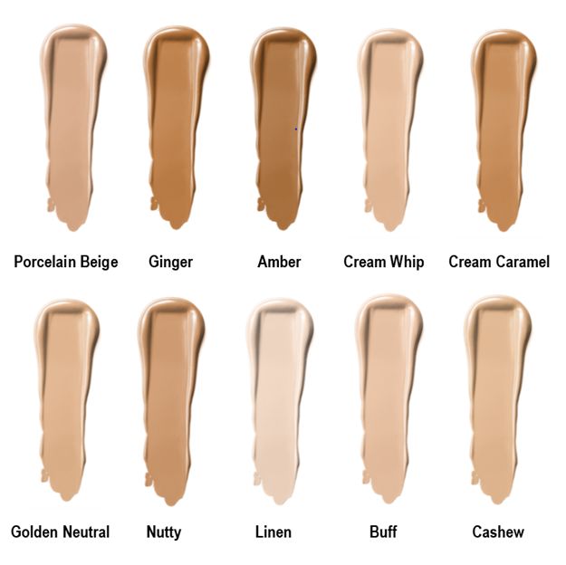 Set of foundation swatches in various shades on a white background