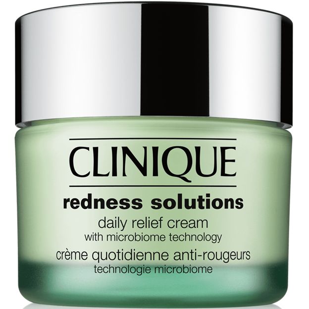 Clinique redness solutions daily relief cream jar with silver lid on a white background